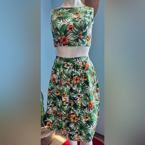 Tropical Floral Pleated Skirt Set - Green & Yellow